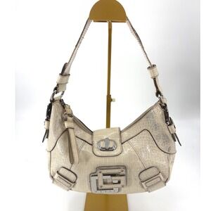 GUESS Cream Croc Embossed Patent Leather Hobo Shoulder Bag Silver Hardwareko